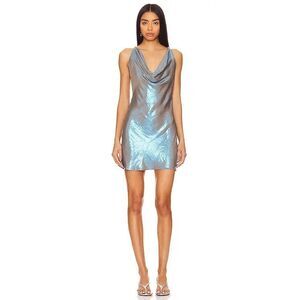 NWT My Beachy Side Iridescent Chain Back Mini Dress Silver Blue Goddess Slip M